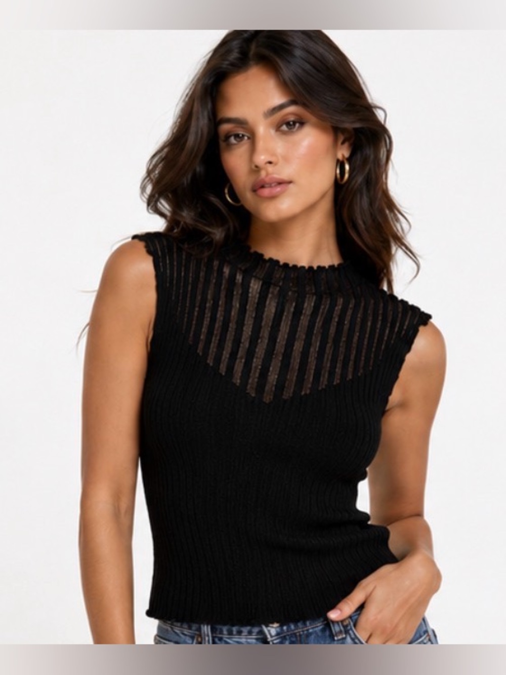 Milk & Honey Black Sheer Stripe Ribbed Mock Neck Sleeveless Sweater Top M